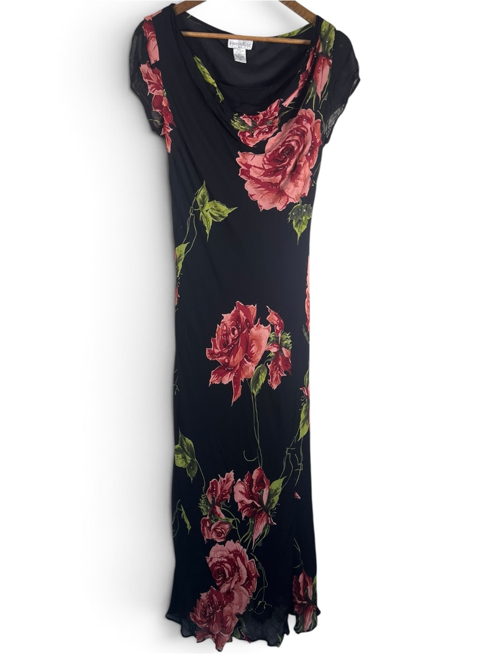 VTG 90s Paradise NY Women’s L Black Rose Floral Beaded Maxi Dress Y2K Whimsigoth